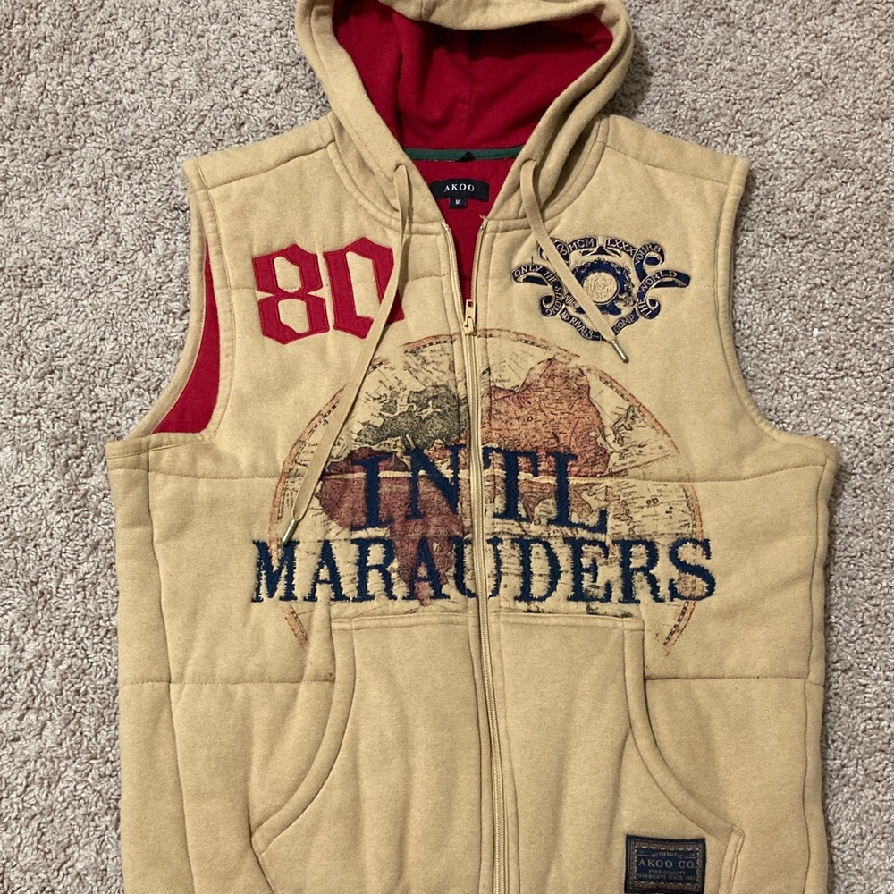 Beige Hooded Vest with Red and Blue Accents